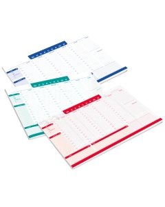 Desk planner settimanale da scrivania. Realizzato in carta da 80gr, 60 fogli. Colori assortiti (rosso/verde/blu).