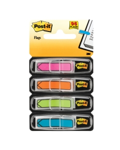 Segnapagina in formato mini frecce, autoadesivi, scrivibili e riposizionabili. Disponibili in confezione da 4 colori: arancione, verde, rosa e azzurro. Formato 12x43.2mm.