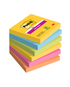 Foglietti Post-it® Super Sticky Carnival: giallo sole, blu paradiso, verde lime, rosa power, arancio acceso.