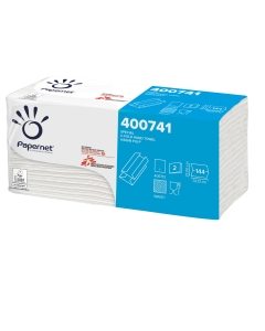 Asciugamani di carta usa e getta Ecolabel Papernet con goffratura ad onda, piegati a C, due veli incollati. Elevata qualità. Formato 33x23cm.