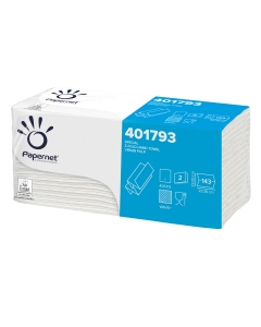 Asciugamani di carta usa e getta Ecolabel Papernet con goffratura ad onda, piegati a Z, due veli incollati. Estrazione singola, elevata qualità. Formato 23,36x23cm.