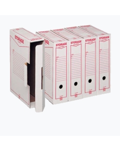Scatole in cartone rigido bianco stampato. Archiviabili sia in orizzontale che verticale, foro di presa sul lato lungo e corto. Dimensioni esterne LxHxP 9x37x26cm. Formato utile LxHxP 8,5x25,3x35,5cm contiene formato legale. Confezionde da 32 scatole.