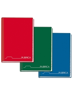 Rubrica con copertina cartonata da gr 1200 rivestita in papercoat (similpelle) da 250gr. Rilegatura a filo, 1 rigo. Carta da 70gr. Colori assortiti rosso, blu, verde.
Formato A5-150x210mm. 48 fogli.
