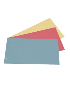 Separatori in cartoncino Manilla da 200 gr di colore rosso. Foratura normalizzata a passo 8 cm (2 fori). Formato: 12,5x23 cm. Materiale 100% riciclato (certificazioni FSC e Blue Angel).