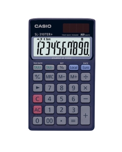 Calcolatrice tascabile con largo display a 10 cifre. Euroconvertitore. Memoria indipendente, %, +/-, alimentazione solare e a batterie. Dim:70x118,5mm.
