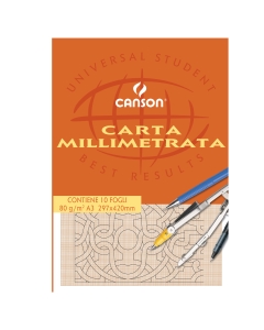Carta trasparente opaca millimetrata Canson da disegno. Si presta in particolare agli usi tecnici e manuali, a matita ed ad inchiostro. In formato A3 da 80gr/m, quadrettatura colore arancio.