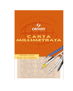 Carta opaca millimetrata Canson da disegno. Millimetrata opaca e lucida si presta in particolare agli usi tecnici e manuali, a matita ed ad inchiostro. In formato A4 da 80gr/m, quadrettatura colore arancio.