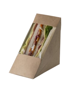 Sandwich box monouso in KRAFT/PE. Colore esterno avana, colore interno bianco. Dimensioni: 12,3x7,2x12,3 cm. Materiali:Poliaccoppiato Carta kraft e PE. Adatto al contatto con alimenti caldi (70°C per 2 ore), freddi, solidi e liquidi. Il prodotto non può e