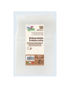 Forchette di colore avorio in Estabio compostabile e biodegradabile in conformità alla norma EN 13432.  Per alimenti Max 70°C.
•  Lunghezza 180mm
• Peso unitario 5,47gr
• Compostabili e biodegradabili