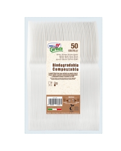 Coltelli di colore avorio in Estabio compostabile e biodegradabile in conformità alla norma EN 13432.  Per alimenti Max 70°C.
•  Lunghezza 180mm
• Peso unitario 5,7gr
• Compostabili e biodegradabili