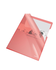 Cartelline a L in PVC extra lucido rosso rigido. Ampia lunetta per facilitare l'apertura. Formato utile: 21x29,7cm. Finitura liscia. Confezione da 25 buste.