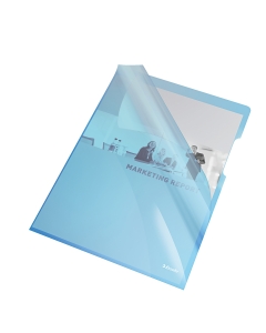 Cartelline a L in PVC extra lucido blu rigido. Ampia lunetta per facilitare l'apertura. Formato utile: 21x29,7cm. Finitura liscia. Confezione da 25 buste.