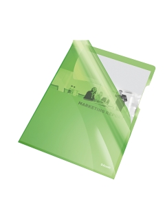 Cartelline a L in PVC extra lucido verde rigido. Ampia lunetta per facilitare l'apertura. Formato utile: 21x29,7cm. Finitura liscia. Confezione da 25 buste.