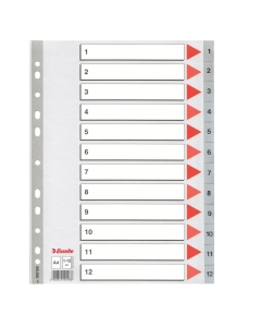 Separatori in PPL grigio da 115micron e tasti stampati da 1-12. Indice frontale prestampato in cartoncino. Foratura universale. Formato A4 maxi 22,5x29,7cm .