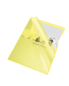 Cartelline a L in PVC extra lucido giallo rigido. Ampia lunetta per facilitare l'apertura. Formato utile: 21x29,7cm. Finitura liscia. Confezione da 25 buste.