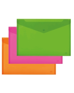 Set 5 buste in PP A4 orizzontale con tasca e chiusura a bottone. Formato utile A5 - 24x18,5cm. Colori assortiti fluo: arancio, verde e rosa