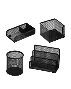 Set scrivania in rete metallica, composto da 4 accessori: sparticarte, cubo portamemo, portapenne e portafermagli.