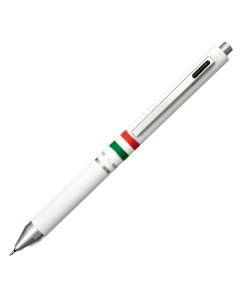 Penna a sfera multifunzione in metallo satinato/gommato bianco con bandiera Italia. Punta a sfera nero, blu, rosso e portamine da 0,5 mm. Confezione in tubo di alluminio.