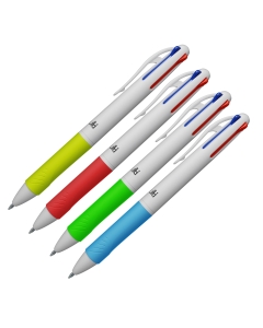 Penna a sfera con 4 colori di inchiostro. Grip ergonomica in 4 colori fluo. Fusto bianco gommato. Pratica clip.