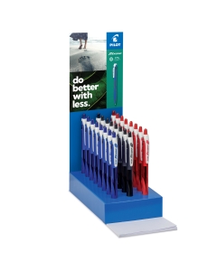 Espositore da banco con 40 penne a sfera Rexgrip punta 1.0mm. Penne realizzate con almeno il 77% di materiale riciclato. Assortimento in 3 colori (nero, blu e rosso).