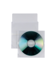 Buste porta CD-DVD in PP liscio con striscia autoadesiva sul retro e patella di chiusura per evitare la fuoriuscita accidentale di un CD-DVD. Formato 12.5x12cm.