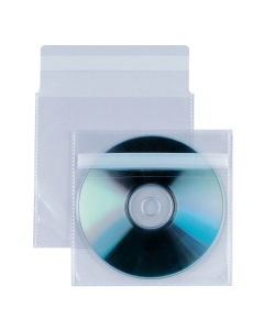 Buste porta CD-DVD in PP liscio con patella autoadesiva di chiusura per evitare la fuoriuscita accidentale di un CD-DVD. Formato 12.5x12cm. Confezione da 25 buste.