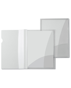 Confezione da 5 cartelline in PVC trasparente cristallo. Una tasca verticale e una tasca apribile sul secondo quadrante. Formato 21x29,7cm.