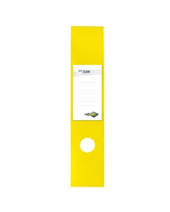 Copridorso autoadesivo in PVC morbido con porta cartellino ed etichetta intercambiabile. Dotato di foro adattabile a qualunque registratore e retro adesivo coprente. Formato 70x345 mm. Colore giallo.