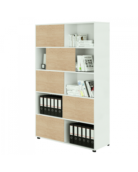 Libreria alta a 5 ripiani con 5 ante scorrevoli. Struttura e ante in truciolare nobilitato melaminico antigraffio ed antiriflesso spessore 18 mm. Piedini regolabili. 
• Dimensioni utili singola casella: L57,2 x P31,8 x H35,4cm
• Dimensioni totali libreria