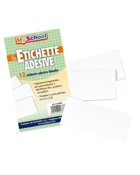 Segnanomi/segnatitoli per personalizzare o identifi care libri, quaderni e raccoglitori. Realizzate in carta patinata. Busta da 12 etichette bianche. Misure: 6,3 x 2,8cm.