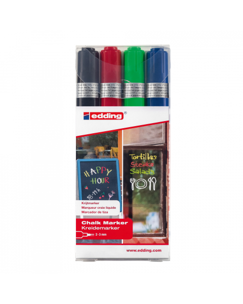 Astuccio 4 colori. Gesso liquido a base d’acqua coprente, inodore e cancellabile con panno umido da tutte le superfici non porose. Flusso d’inchiostro con valvola di controllo. Fusto in PPL. Per disegnare, decorare e scrivere su vetri, vetrine, specchi ed