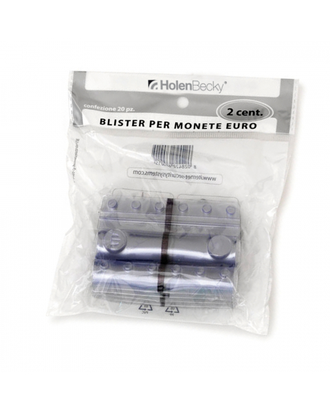 Blister portamonete Euro in pvc riciclato 100% trasparente.
Singolo blister colorato in modo differente per facilitare la distinzione tra i vari tagli di monete.
Confezione da 20 blister per singola denominazione, in opp bag dotata di foro per espositore.