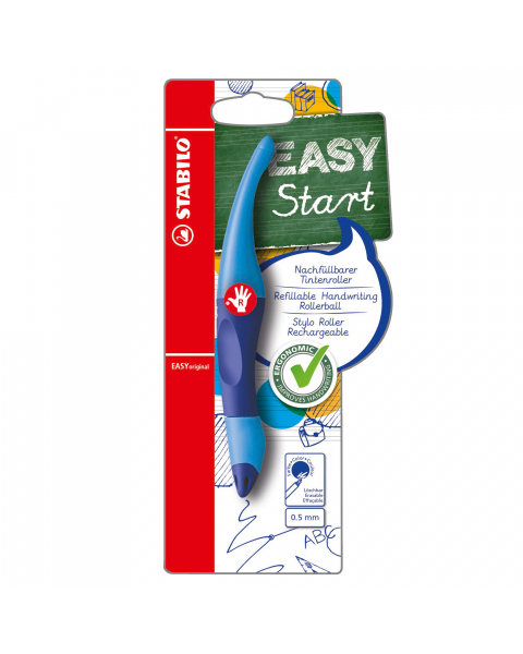 Penna sferografica ergonomica con impugnatura antiscivolo differenziata per destrimani o mancini. 
Ogni cartuccia ha una nuova punta: la sostituzione è semplice, rapida e senza macchie.
EASYoriginal per destrimani con refill blu.