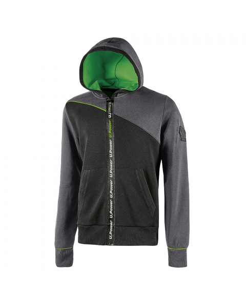 Felpa full zip, con cappuccio regolabile. Chiusura con zip centrale impermeabile e serigrafia “U-Power