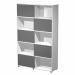Sistema di librerie ad ante scorrevoli completo di un modulo alto a 5 ante, medio a 3 ante e basso a 3 ante. Ideale per arredare con stile e funzionaità ambienti diversi, da quelli aziendali a quelli domestici. Materiale bilaminato nobilitato melaminico a