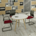 Linea di arredo operativo dal design confortevole ed essenziale caratterizzata dalle preziose gambe in LEGNO MASSELLO inclinate delle scrivanie e dei tavoli rotondi. Robusti piani in melaminico sp. 22 mm con bordo antishock resistente agli urti in ABS 3 m
