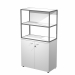 Libreria in metallo a 2 vani con struttura 20x20 mm a giorno con ripiani, base, cappello e un dietro in melaminico , sovrapposta ad un armadio basso,  completo di ante battenti con serratura. Libreria metal completa di 1 dietro in melaminico posizionabile
