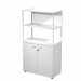 Libreria in metallo a 2 vani con struttura 20x20 mm a giorno con ripiani, base, cappello e un dietro in melaminico , sovrapposta ad un armadio basso,  completo di ante battenti con serratura. Libreria metal completa di 1 dietro in melaminico posizionabile