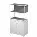 Libreria in metallo a 2 vani con struttura 20x20 mm a giorno con ripiani, base, cappello e un dietro in melaminico , sovrapposta ad un armadio basso,  completo di ante battenti con serratura. Libreria metal completa di 1 dietro in melaminico posizionabile