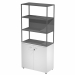 Libreria in metallo a 3 vani con struttura 20x20 mm a giorno con ripiani, base, cappello e un dietro in melaminico , sovrapposta ad un armadio basso,  completo di ante battenti con serratura. Libreria metal completa di 1 dietro in melaminico posizionabile