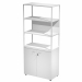 Libreria in metallo a 3 vani con struttura 20x20 mm a giorno con ripiani, base, cappello e un dietro in melaminico , sovrapposta ad un armadio basso,  completo di ante battenti con serratura. Libreria metal completa di 1 dietro in melaminico posizionabile