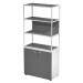 Libreria in metallo a 3 vani con struttura 20x20 mm a giorno con ripiani, base, cappello e un dietro in melaminico , sovrapposta ad un armadio basso,  completo di ante battenti con serratura. Libreria metal completa di 1 dietro in melaminico posizionabile
