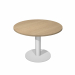 Tavolo riunione tondo Ø100 x H73cm (4 posti). In materiale melaminico classe E1 con finitura antigraffio e antiriflesso. Piani spessore 25mm gamba in metallo Ø8cm con base Ø50cm. Altezza fissa.