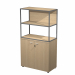 Libreria in metallo a 2 vani con struttura 20x20 mm a giorno con ripiani, base, cappello e un dietro in melaminico , sovrapposta ad un armadio basso,  completo di ante battenti con serratura. Libreria metal completa di 1 dietro in melaminico posizionabile