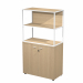 Libreria in metallo a 2 vani con struttura 20x20 mm a giorno con ripiani, base, cappello e un dietro in melaminico , sovrapposta ad un armadio basso,  completo di ante battenti con serratura. Libreria metal completa di 1 dietro in melaminico posizionabile