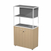 Libreria in metallo a 2 vani con struttura 20x20 mm a giorno con ripiani, base, cappello e un dietro in melaminico , sovrapposta ad un armadio basso,  completo di ante battenti con serratura. Libreria metal completa di 1 dietro in melaminico posizionabile
