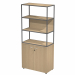 Libreria in metallo a 3 vani con struttura 20x20 mm a giorno con ripiani, base, cappello e un dietro in melaminico , sovrapposta ad un armadio basso,  completo di ante battenti con serratura. Libreria metal completa di 1 dietro in melaminico posizionabile