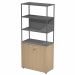 Libreria in metallo a 3 vani con struttura 20x20 mm a giorno con ripiani, base, cappello e un dietro in melaminico , sovrapposta ad un armadio basso,  completo di ante battenti con serratura. Libreria metal completa di 1 dietro in melaminico posizionabile