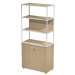 Libreria in metallo a 3 vani con struttura 20x20 mm a giorno con ripiani, base, cappello e un dietro in melaminico , sovrapposta ad un armadio basso,  completo di ante battenti con serratura. Libreria metal completa di 1 dietro in melaminico posizionabile