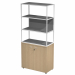 Libreria in metallo a 3 vani con struttura 20x20 mm a giorno con ripiani, base, cappello e un dietro in melaminico , sovrapposta ad un armadio basso,  completo di ante battenti con serratura. Libreria metal completa di 1 dietro in melaminico posizionabile